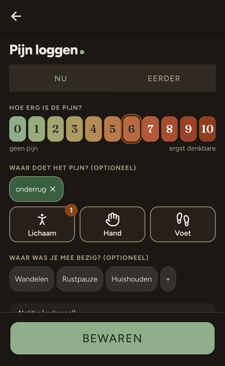 Het scherm Pijn loggen: elf gekleurde blokken van 0 tot 10 met het cijfer 6 aangetikt, daaronder de pijnzone onderrug en onderaan de knop Bewaren.