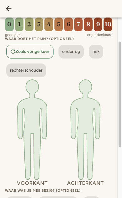 Het scherm Pijn loggen: elf gekleurde blokken van 0 tot 10, en daaronder het figuurtje om aan te tikken waar het pijn doet.
