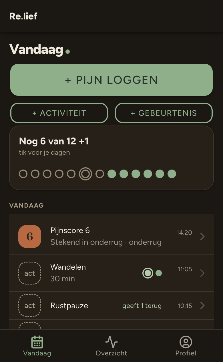 Het scherm Vandaag in de app, met een grote knop Pijn loggen en de logs van vandaag eronder.
