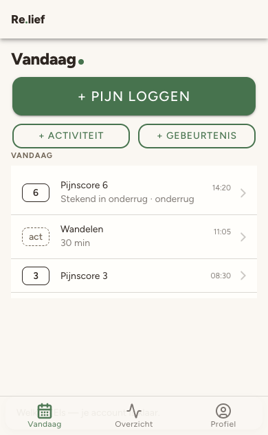 Het scherm Vandaag in de app, met een grote knop Pijn loggen en de logs van vandaag eronder.